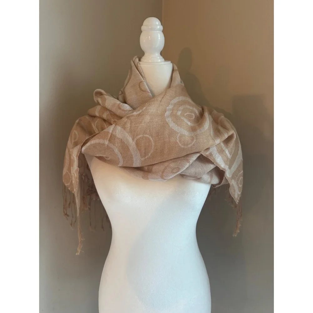 Pashmina Silk Tan Beige Geometric Circle soft Fringe Wrap Scarf luxury Shawl